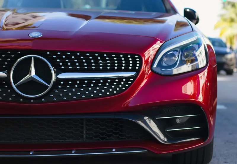 Red Mercedes front end with a high-gloss finish